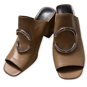 tan colour leather square toe block heel mules VIA SPIAGA